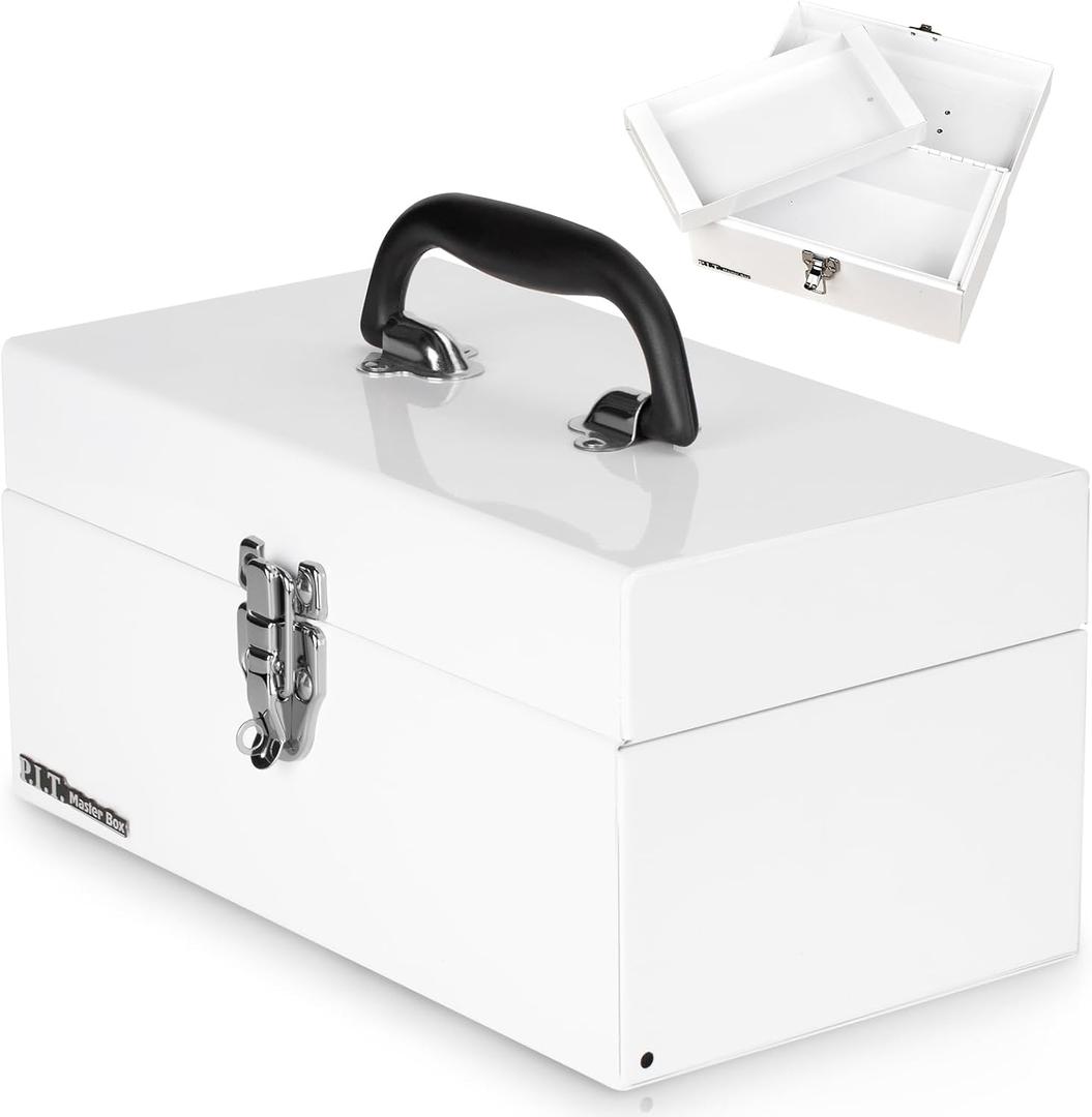 P.I.T. 12 Inch Tool Box,Portable Small Steel ToolBox with Metal Latch Closure for Household, Warehouse,Tools Storage,White