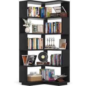 Armocity Corner Book Shelf - 6 Tier Corner Bookshelf Etagere Bookcase with Baffle, Freestanding L Shaped Display Shelf Stand for Home Office, Living Room, Bedroom, Kitchen, Black