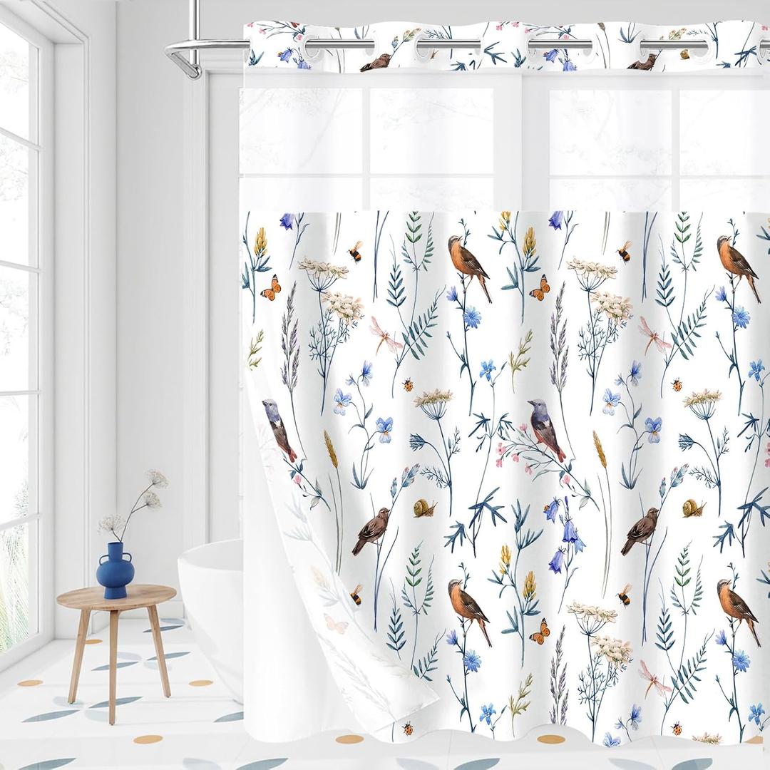 Litabel No Hook Blue Cute Floral Shower Curtain and Liner Set, Modern Fabric Shower Curtain with Snap in Liner, Watercolor Birds, Butterflies, Snails & Flower Design, 72 x 74
