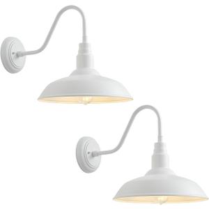 2 Pack 14in Barn Gooseneck Lights for House, White Outdoor Farmhouse Wall Light Fixture for Porch, Exterior Patio Wall Sconce for Front Door, Garage, 14" Dome