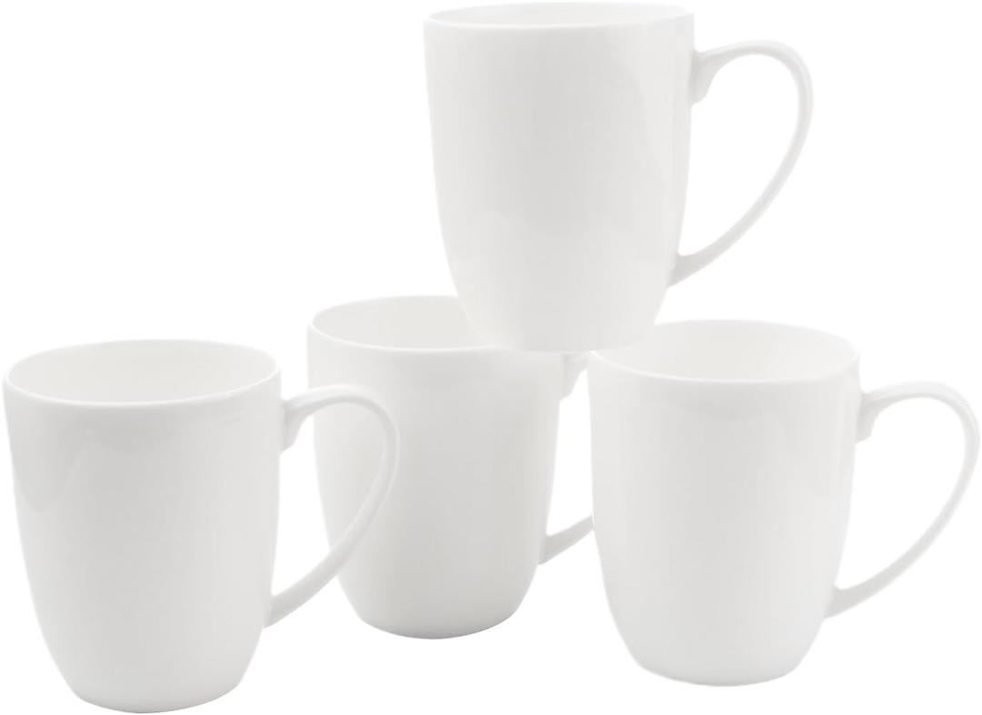 Fine Bone China White Coffee Mugs, 16 oz Large Capacity, Set of 4 Tea Cups, Thin Thickness and Light Weight, Comfortable to Hold, Microwave and Dishwasher Safe