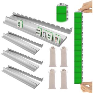 Upgraded Version,Mahjong Racks with Pushers,17 Inch,Wooden American Mahjong Tile Pushers and Racks Set of 4, with 4 Mahjong Racks Drawstring Bag, Mahjong Accessories(Silvery)