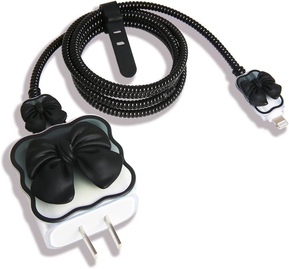 Compatible with iPhone 18W/20W USB-C Charger Cover Cute 3D Bow Tie Design Clear Soft Charger Protector Kawaii Cable Saver for iPhone 11 12 13 14 Pro Max Fast Power Adapter, Black 2 (5in1)
