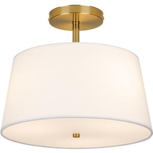 Modern Cone-Shaped Semi Flush Mount Ceiling Light Fixture, 3-Light Drum Lamp with Gold Brass Finish and White Fabric Shade for Bedroom, Kitchen, Dining Room, Hallway, Entryway, and Foyer 