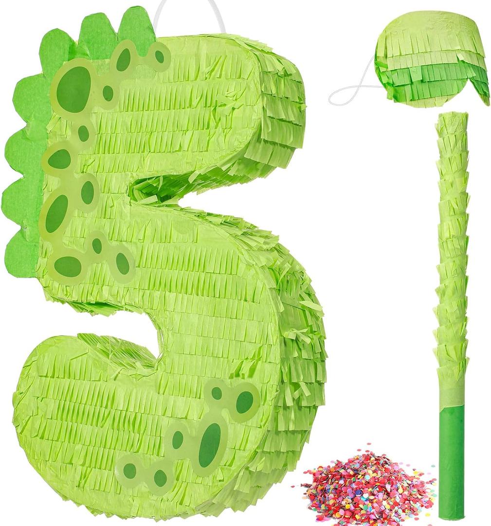 Poen 16 Inch Dinosaur Piata Number 1 2 3 4 5 6 7 8 9 for Kids Birthday Party Cute Dino Piata with Blindfold Stick and Confetti for Boys Girls Dinosaur Birthday Animal Theme Baby Shower Decor(5)