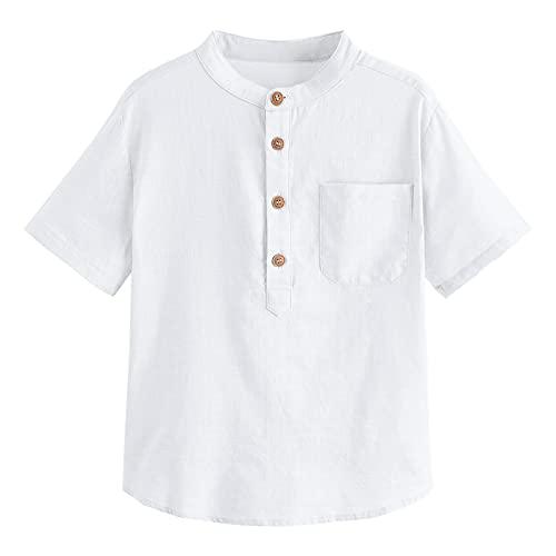 Inorin Boys Button Up Henley Shirts Short Sleeve Lightweight Summer Cotton Dress T Shirt Tees Tops One Pocket White 120