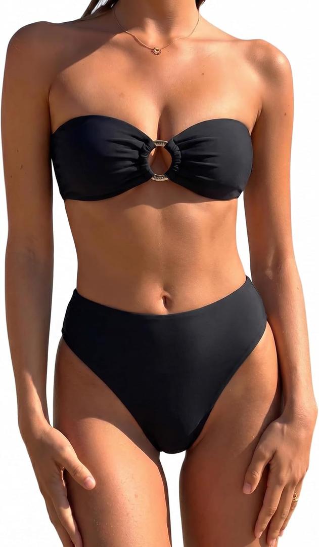 SUUKSESS Women Bandeau O Ring Bikini Sets Tie Back High Waisted 2 Piece Swimsuit (Black, XL)