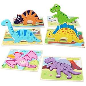 SYNARRY 6 Pack Dinosaur Wooden Puzzles for Kids 35, Wooden Puzzles for Toddlers, Dinosaur Educational Puzzles for Toddlers 3 4 5 Year Old, Easter Basket Stuffers Valentines Day Gifts for Kids