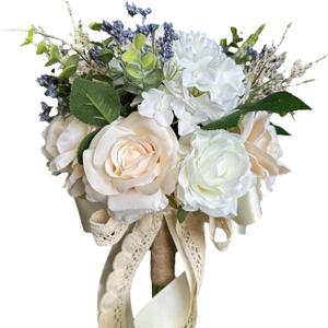 White Bridal Bouquet for Bride, 9Inch Ivory Wedding Bouquets for Bride, Artificial Roses Flowers Wedding Decoration