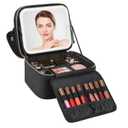 Relavel Makeup Bag with LED Mirror, Small Travel Makeup Case with Rechargeable Lighted Mirror 3 Color Lights, Double Layer Cosmetic Box Makeup Brush Lipstick Holder Organizer for Women, Black