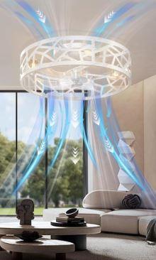 20" Fandelier Ceiling Fan with Light, Caged Bladeless Ceiling Fans, Farmhouse Flush Mount Fan for Bedroom, Kitchen, Living Room, White