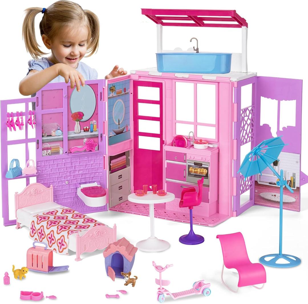 Doll House for 11.5-inch Dolls, 2-Story Foldable Dollhouse with 37 pcs Furnitures & Accessories, Playhouse with Pet House, Gifts for Girls Kids Toddlers