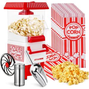 Popcorn Machine, Hot Air Popcorn Maker Kit Gift Box, Portable Home Popcorn Popper Machine, 10-Cup,Oil-Free,Retro Style,Compact and Cute (White/Red)