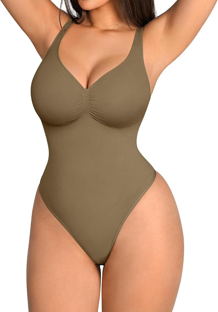 FeelinGirl Shapewear Bodysuits for Women Tummy Control Thong Seamless V Neck Compression Body Suits Corset Top, XXL