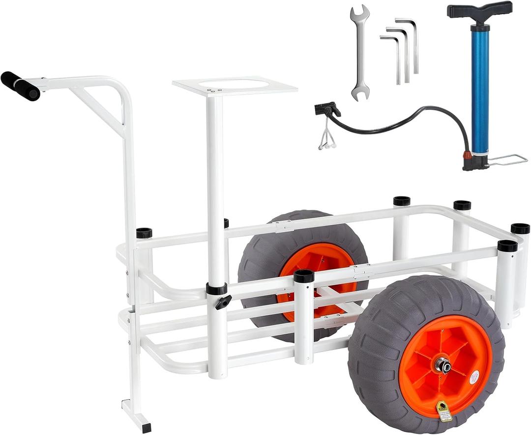 VEVOR Beach Fishing Cart, 350 lbs Load Capacity, Fish and Marine Cart with Two 16" Big Wheels PU Balloon Tires for Sand, Heavy-Duty Aluminum Pier Wagon Trolley with 8 Rod Holders for Fishing, Picnic
