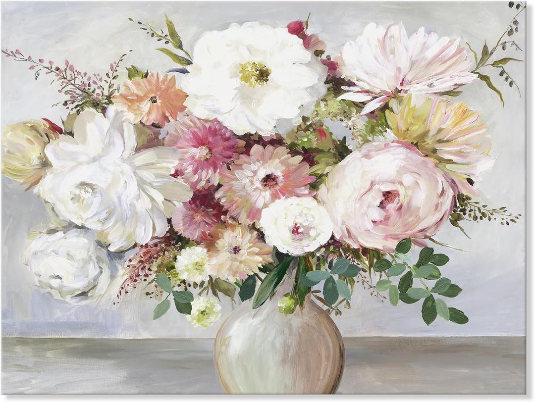 Goldfoilart Pink and White Floral Wall Art 32x24, Flower Vase Canvas Print, Blush Neutral Botanical Wall Decor for Living Room Bedroom Dining Room, Ready to Hang