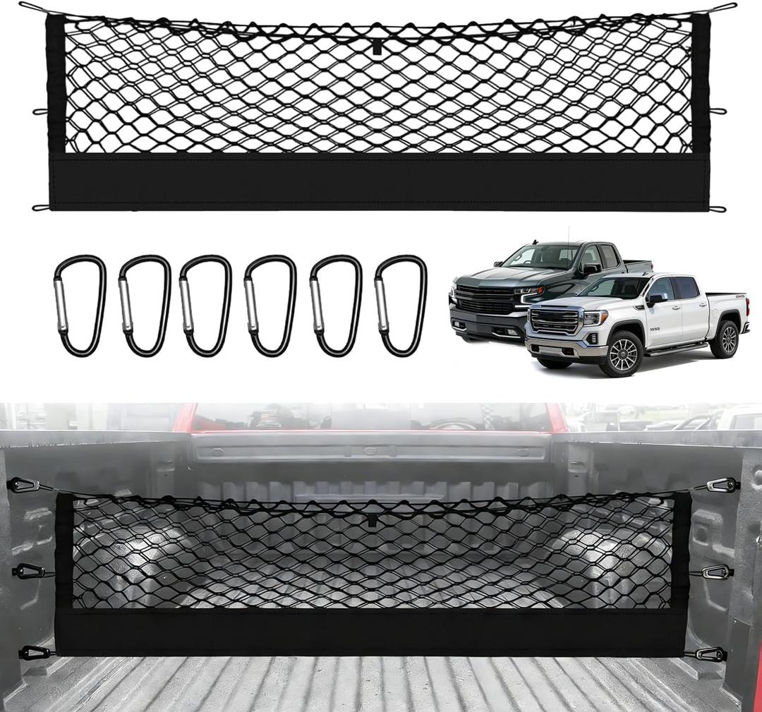 Truck Bed Cargo Net Truck Netting Fit for GMC Sierra/Chevy Silverado 1500 2500 3500HD 2013-2026 Pickup Tailgate Organizer Net Heavy-Duty Elastic Truck Storage Grocery Mesh Net-Envelope Style