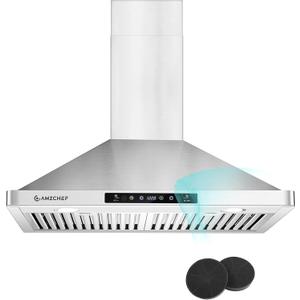 AMZCHEF Wall Mount Range Hood 30 inch: 1050 CFM Stainless Steel Kitchen Stove Vent Hood with 3 Speed Exhaust Fan, Touch/Remote/Gesture Control Kitchen Exhaust Fan with Dishwasher-Safe Baffle Filters