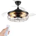 LEDIARY 42" Retractable Ceiling Fans with Lights, Farmhouse Industrial, Caged Fandelier Ceiling Fans with Remote, 6 Wind Speeds,Invisible Blades, Black 