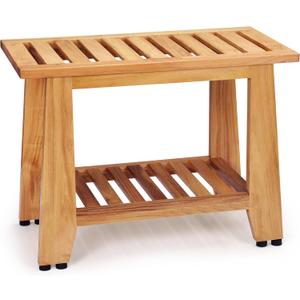 Teak Shower Bench, 24'' Heavy Duty Teak Wood Bathroom Seat, Water-Resistant Spa Bath Stool with Non-Slip Rubber Feet and Storage Shelf for Inside Shower and Outdoor Use, 350 lbs Capacity