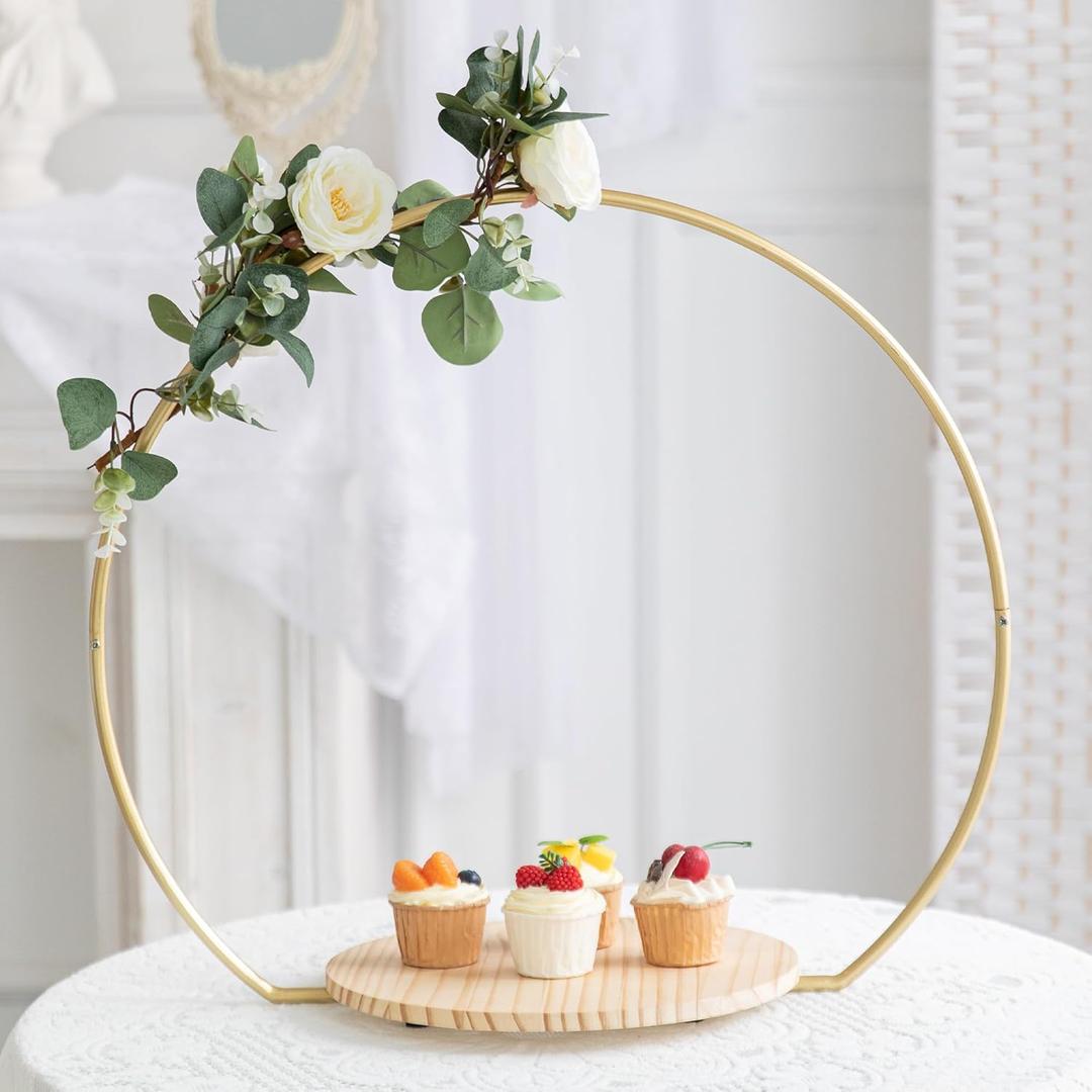 GENMOUS Wedding Cake Stand with Wood Stand Base, Gold 20" Round Arch Cake Stand Set, Metal Floral Hoop Centerpiece for Table, Large Cake Display Stand for Party, Events, Birthday Reception