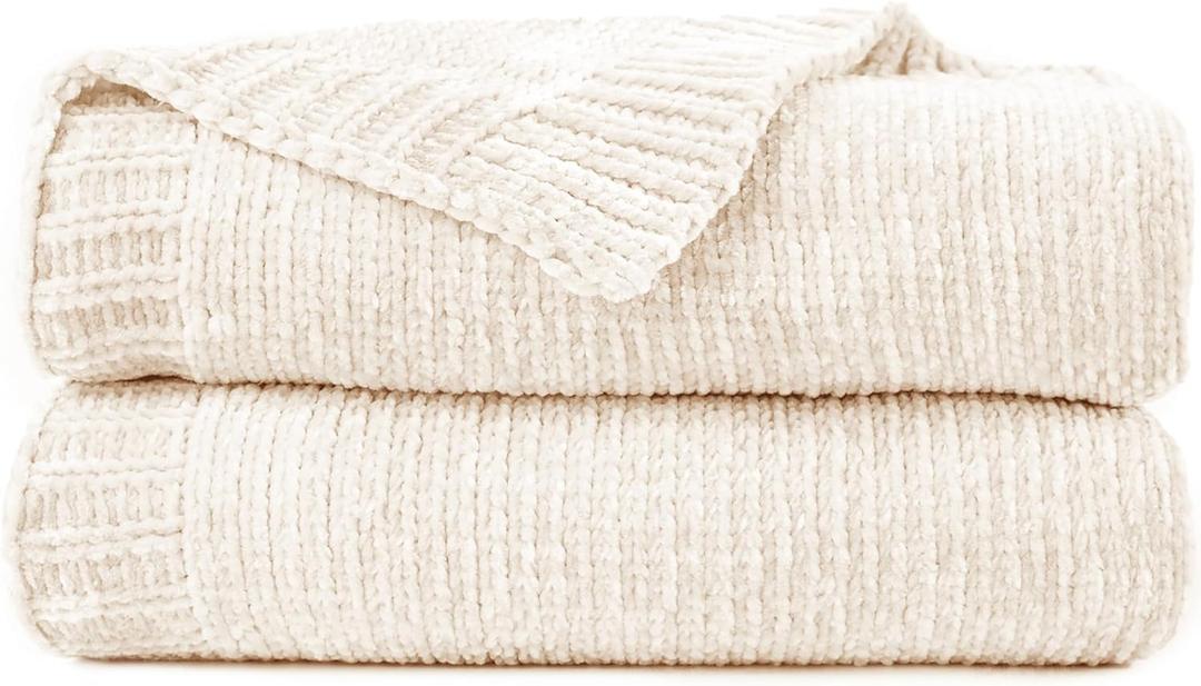 Chenille Throw Blanket for Couch, Cozy Soft Blanket Lightweight Decorative Throw for Living Room Sofa Chair, Stylish Home Decor, Ideal for Gifting, Ivory 50"x60"