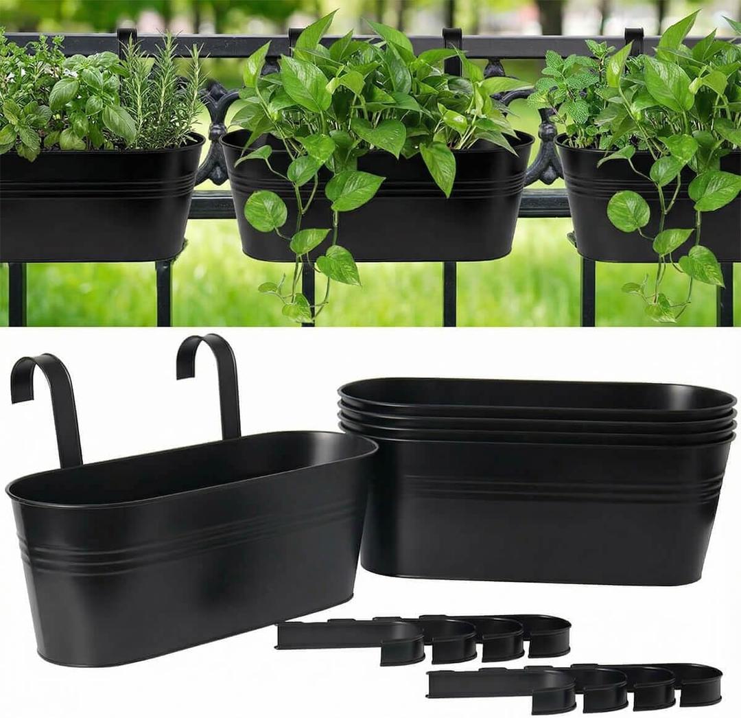 vensovo 16 Inch Railing Planter for Outdoor Plants - 5 Pack Large Metal Balcony Hanging Planters with Detachable Hooks and Drain Holes Oval Box Rail Pots for Home Garden Fence, Black