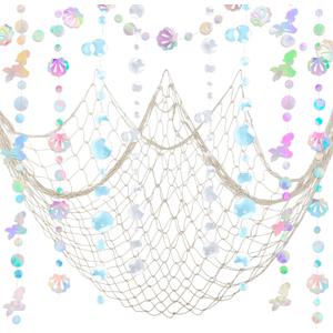 ZERODECO Mermaid Party Decorations - Iridescent Garland, Natural Fishnet and Bubble Garlands for Birthday, Pirate, Nautical, Under The Sea Theme