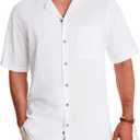 Alimens & Gentle Mens Linen Shirts Cotton Hawaiian Shirts Short Sleeve Button Down Shirts Casual Summer Beach Tops (Small, White)