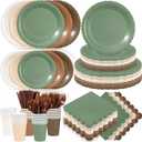 Zhehao 350 Pcs Woodland Party Supplies Set Green and Brown Disposable Tableware Kit with Plates, Cups, Napkins, Cutlery in Natural Earth Tones for Baby Shower, Birthday, Wedding Forest Events