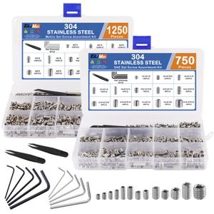  2000PCS Set Screws, 26 Sizes Metric & Sae Set Screw Assortment Kit, Allen Head Hex Socket Head Grub Screws for Bathroom Fixtures, Door Handles, 304 Stainless Steel (M3-M8, 1/8"-40 to 5/16"-18)