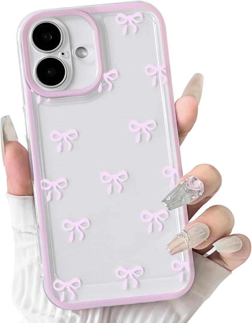 NITITOP Compatible with iPhone 16 Plus Case Cute Clear Durable Ribbon Bowknot Pattern for Girls Women Soft TPU Transparent Full Camera Lens Shockproof Protective Phone Cover - Pink