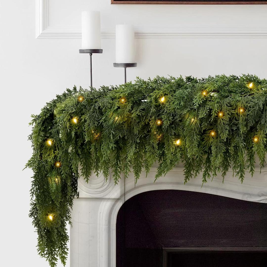 2PCS 9FT Christmas Cedar Garland with 100 Led Lights, Full 240 Pine Branches, Realistic Garland Artificial Greenery for Fireplace, Wall Indoor Outdoor Decorations
