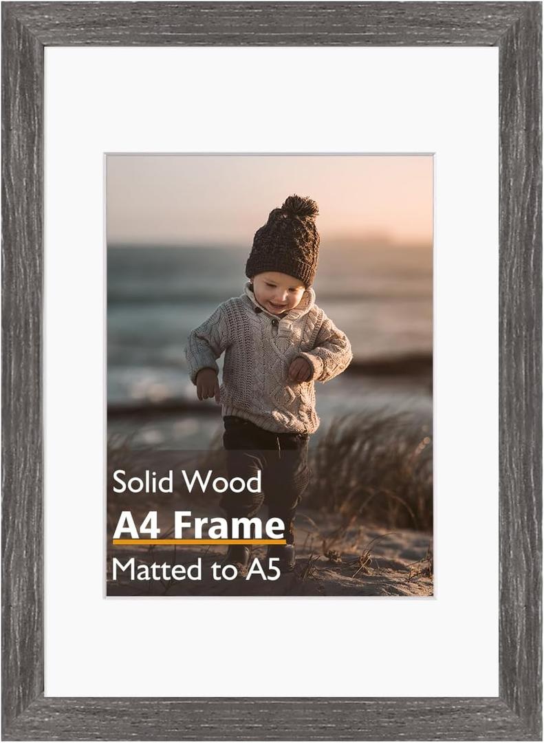 KINLINK A4 Picture Frame, Ash Black Solid Wood Frame with Acrylic Plexiglass for Pictures A5 with Mat or A4 without Mat, Tabletop and Wall Display Photo Frame 1 Pack