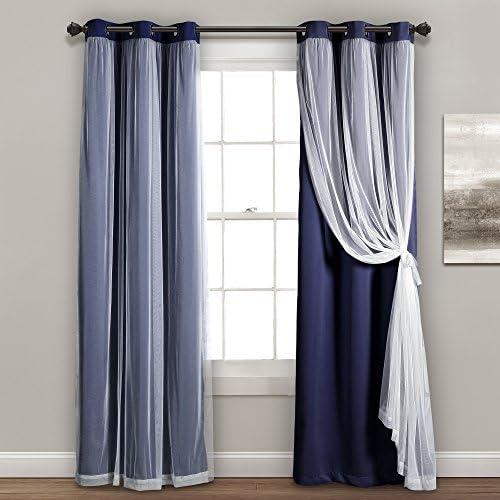 Lush Decor Sheer Grommet Curtains With Insulated Blackout Lining, Window Curtain Panels, Pair, 38"W x 84"L, Navy - Curtain With Sheer Overlay, Elegant Blackout Curtains for Bedroom 1 Pack