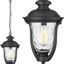 Outdoor Pendant Lights,Modern Exterior Hanging Porch Light,Height Adjustable Outside Hanging Lantern Matte Black Vintage for Enterance,Gazebo, Foyer, Water Ripple Glass Lamp Shade