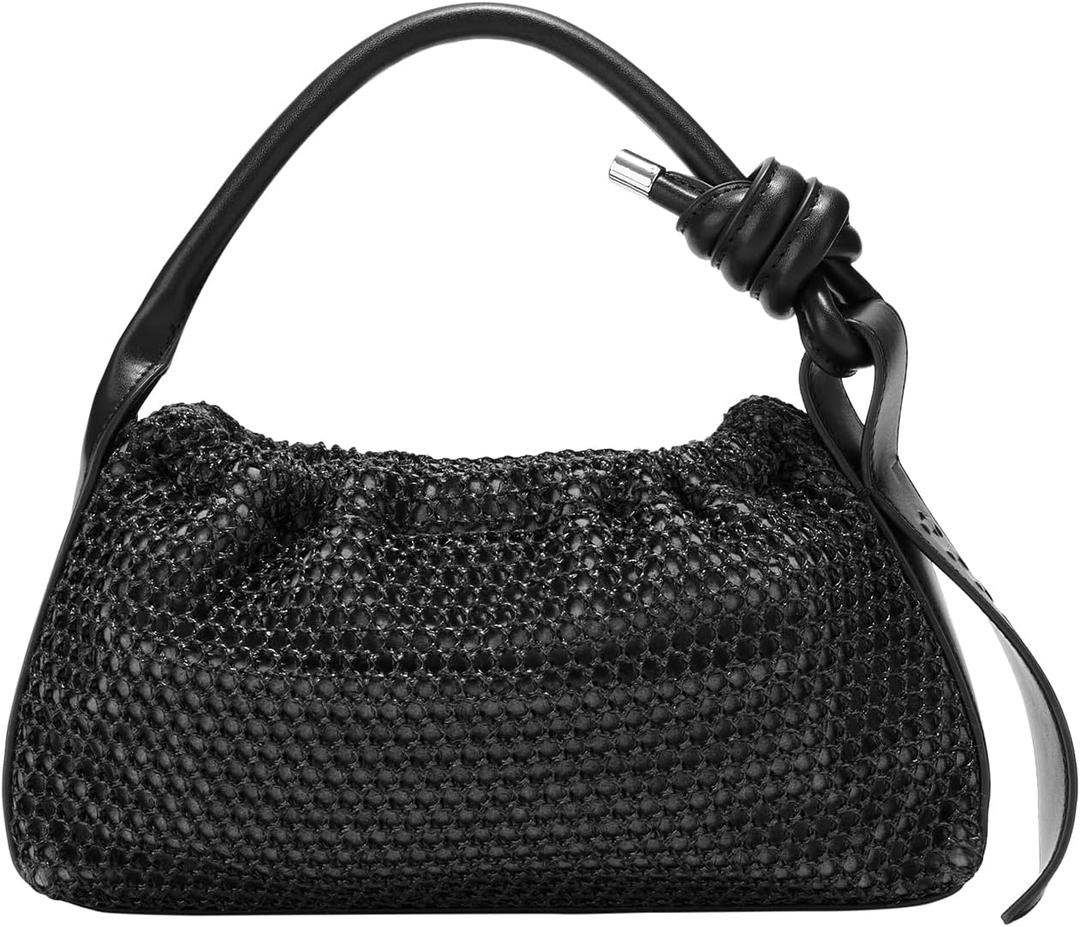 Women's Handmade Mesh Knitted Leather Bag - Black and Green, Twisted Strap, Adjustable Shoulder Strap