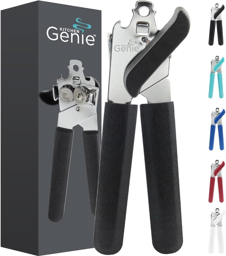Kitchen Genie Slip Resistant Stainless Steel Manual Can Opener, Sharp Blade for Smooth Edge Cuts, Easily Open Cans, Ergonomic Handles with Easy to Turn Knob, Built-In Bottle Openers, Pitch Black