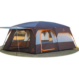 KTT Extra Large Tent 12-14 Person, Family Cabin Tents, 2 Rooms, 3 Doors and 3 Windows with Mesh, Straight Wall, Waterproof, Double Layer, Big Tent for Outdoor, Picnic, Camping, Family Gathering(Brown)