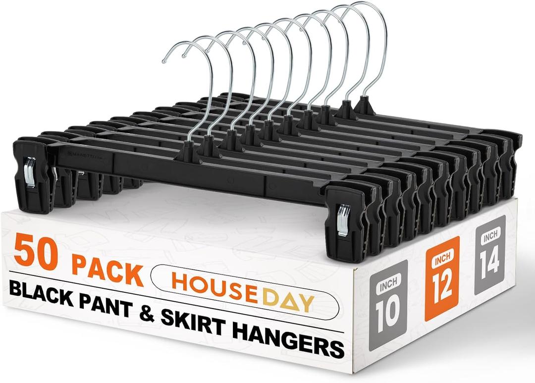 HOUSE DAY Black Pants Hangers 50 Pack, 12 Inch Skirt Hangers with Non-Slip Big Clips and 360 Swivel Hook, Heavy Duty Slim Plastic Pant Hanger, Space Saving Clip Hanger for Pants, Skirts, Shorts