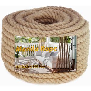Manila Rope 3/4 Inch X 100 Ft, Natural Hemp Rope 4 Strand Twisted, Thick for Crafts Heavy Duty Multipurpose for Swing Bed, Camping, Tug of War, Docks, DIY Projects.