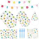 DYLIVeS happy birthday decoration,Kids'party Hats off Decorations, 145 Pcs Hats off 9" Plates, 7 Dessert Plates,Napkins, Cups, Party Cone Hats, Forks, Happy Birthday Banner Party Supplies, Serve 24