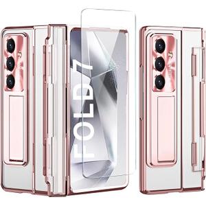 PUROOM for Samsung Galaxy Z Fold 7 Clear Case with Pen & S Pen Holder Builtin Screen Protector Kickstand AllInclusive Hinge Protection Transparent Cover (Rose Gold)