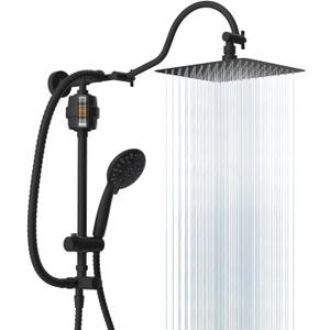 Hibbent Metal 10'' Filtered Rainfall Shower Head Combo for Easy Reach, High Pressure Shower Head System, Handheld Showerhead, Adjustable Holder, 18'' Extension Arm, Shower Filter, 7-spray, Matte Black