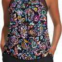 Women Blouson Tankini Swimsuit with Shorts - 2 Piece Tummy Control Bathing Suit Modest Mesh Racerback Top with Pockets 2026 (Black, L)