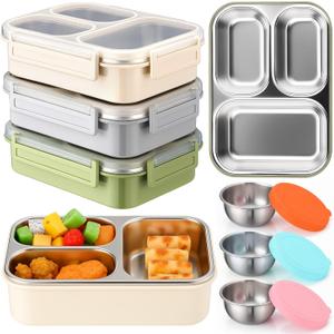 3 Pack Stainless Steel Lunch Boxes 25 oz 3 Compartment Metal Bento Box with 3 Pcs Condiment Containers and Leakproof Lids for Office Outdoor and Gym, Dishwasher Safe