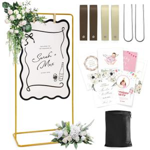 Wedding Welcome Sign Stand, Welcome to our Wedding Sign Holder, Gold Easel Stand for Sign Poster With Design Bundle & Ground Stakes & Leather Sign Hanging Straps, Linen Sign Stand for Wedding Decor
