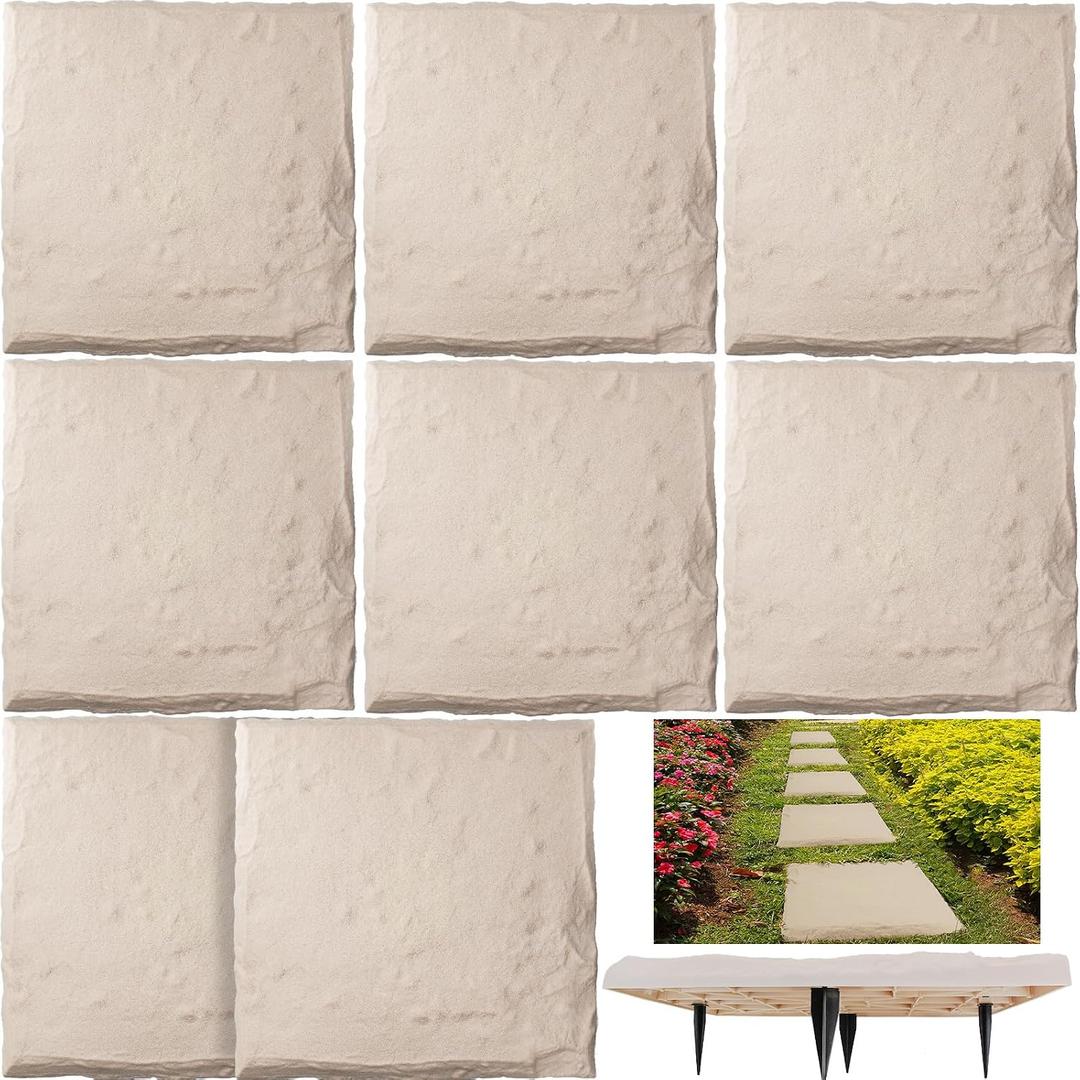8 Pack Garden Stepping Stones Outdoor Step Stones 15.5'' Paving Stone with Ground Stakes Decorative Paver Pads Easy Installation for Walkway Pathway Patio Lawn Yard Landscaping Resin Material (Beige)