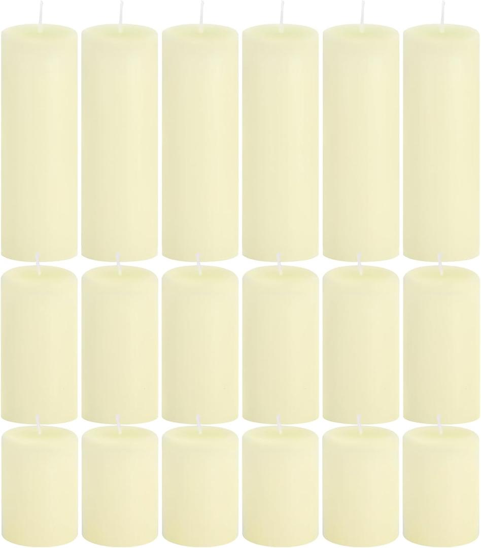18 Pcs Ivory Pillar Candles Bulk SetHurricane Candles3 Different Lengths 2 x 3/4/6 Inch (6 Each)Dripless Unscented SmokelessGives You a Better Atmosphere When Organizing an Event Party.