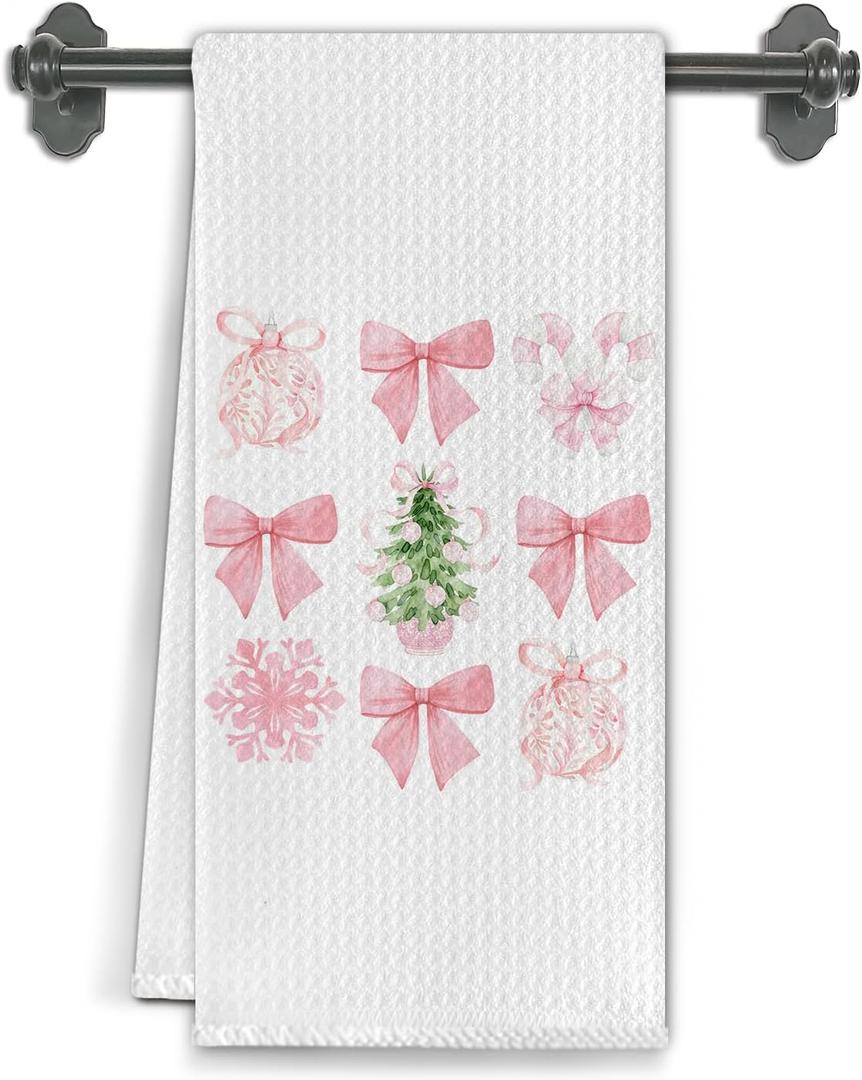 Pink Coquette Bow Chinoiserie Christmas Kitchen Towels, Preppy Christmas Dish Tea Towels for Kitchen Decor, Xmas Tree Bauble Snowflake Decorative Hand Towel for Bathroom, 16x24 Inch